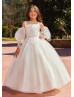 Square Neck Beaded Ivory Lace Tulle Cute Flower Girl Dress